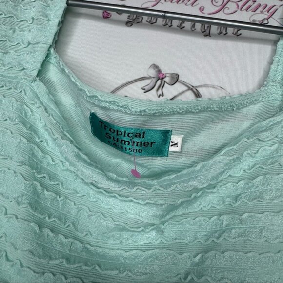 Tropical summer top 3d ruffle frilly square neckline stretchy aqua blue comfy - Picture 6 of 8